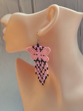 Pink Beaded Butterfly Fringe Earrings - Handmade Style